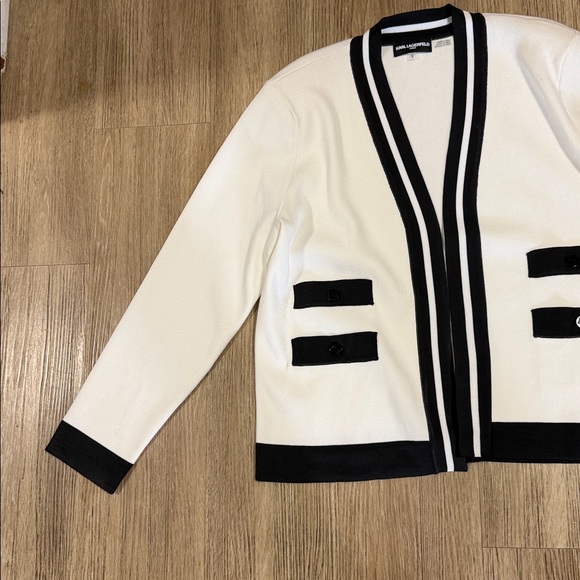 New Karl Lagerfeld Paris White Cardigan with Black Trim size L - Picture 3 of 8